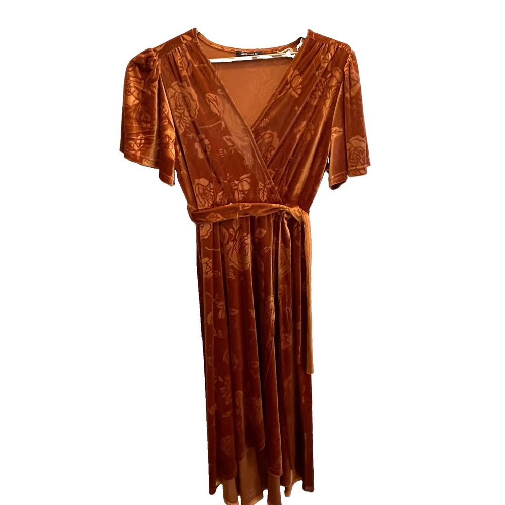 Simplee Burnout Velvet Orange Wrap Maxi Holiday Floral Flutter Sleeve Party XL